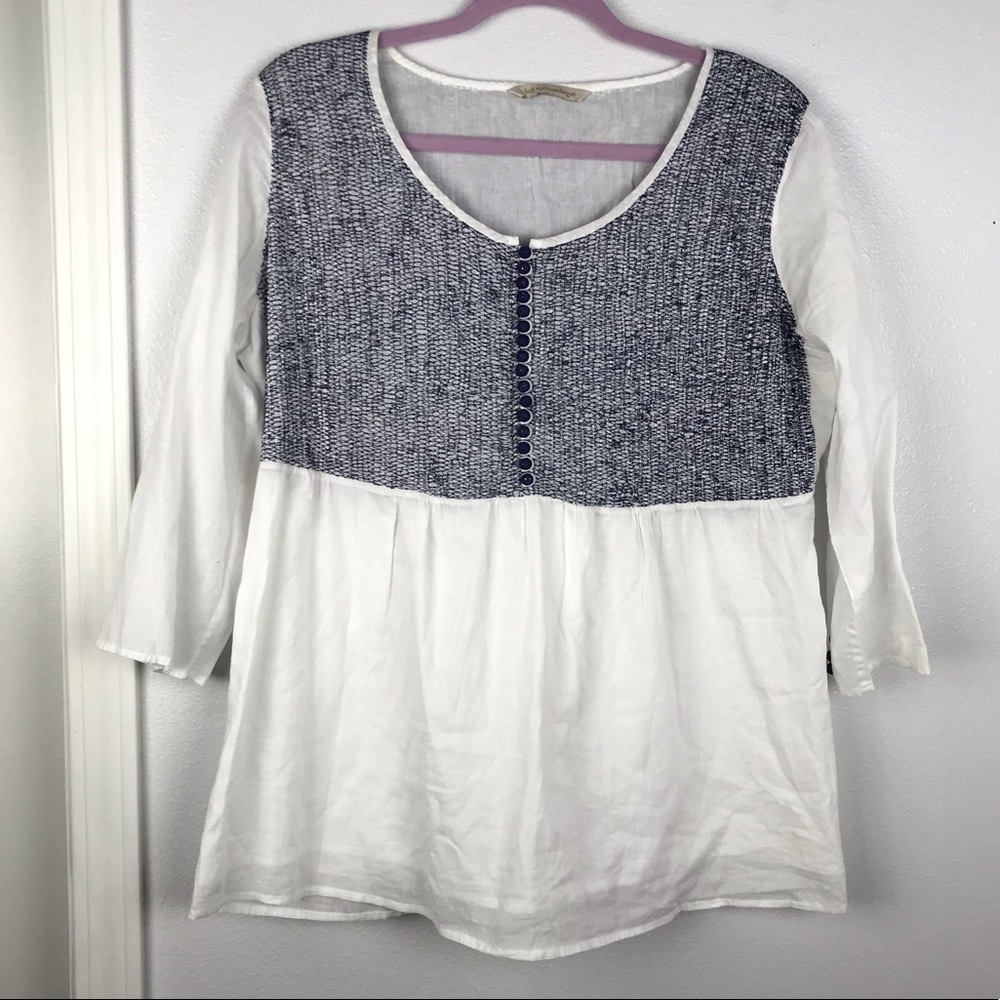 Soft Surroundings | White Blue Stitch Cotton Top
